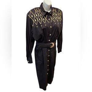 VTG 80’s MIDI Shirt Dress Black Sz 12 Western Cowgirl Gold Embellished Belted